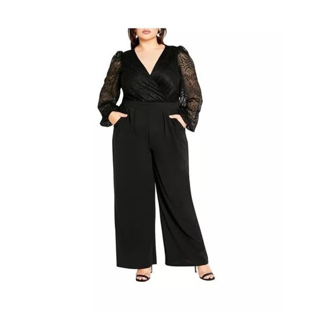 (CL) City Chic Katalina Jumpsuit Black Lace Sleeve Wide Leg Plus Size XXL 24 NWT
